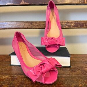 Schutz Bright Pink Patent Leather Mesh Peep-Toe Bow Ballet Flats Shoes Barbie